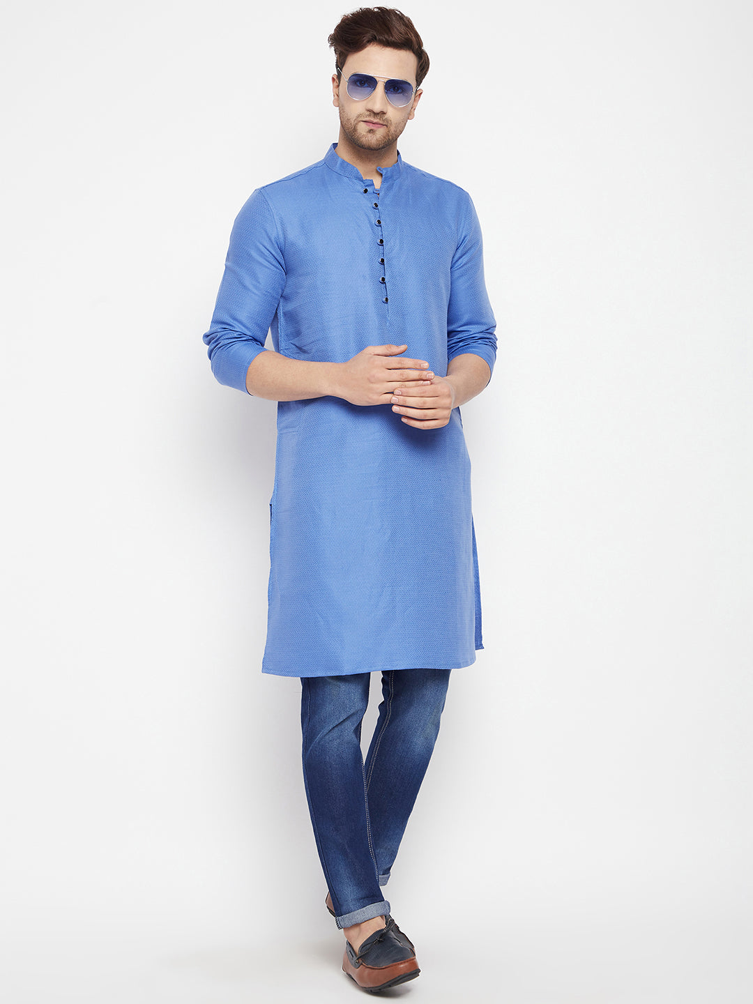 Men's Blue Color Long Kurta with Band Collar