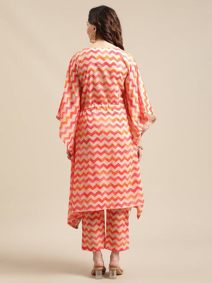 Women's Coral Chivron Printed Kaftan Set Zari Embroidery On Neckline