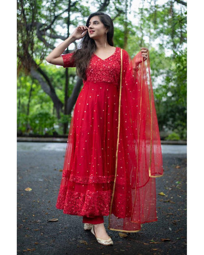 Women's Red Thread Work Anarkali Set (3pcs set)