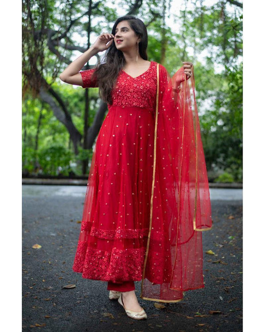 Women's Red Thread Work Anarkali Set (3pcs set)
