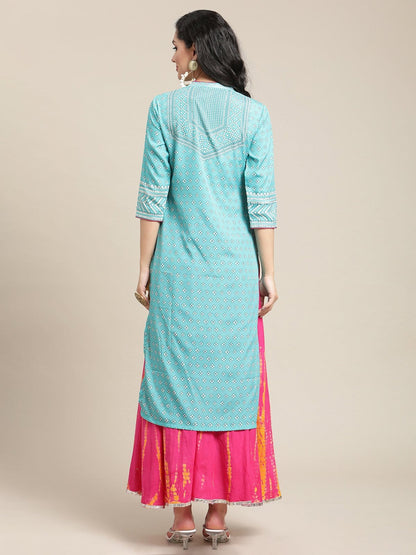 Women's Turquoise Bandhej Printed Kurta With Gota Embellished Yoke