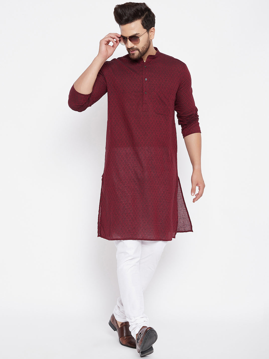 Men's Cotton Maroon Straight  Kurta