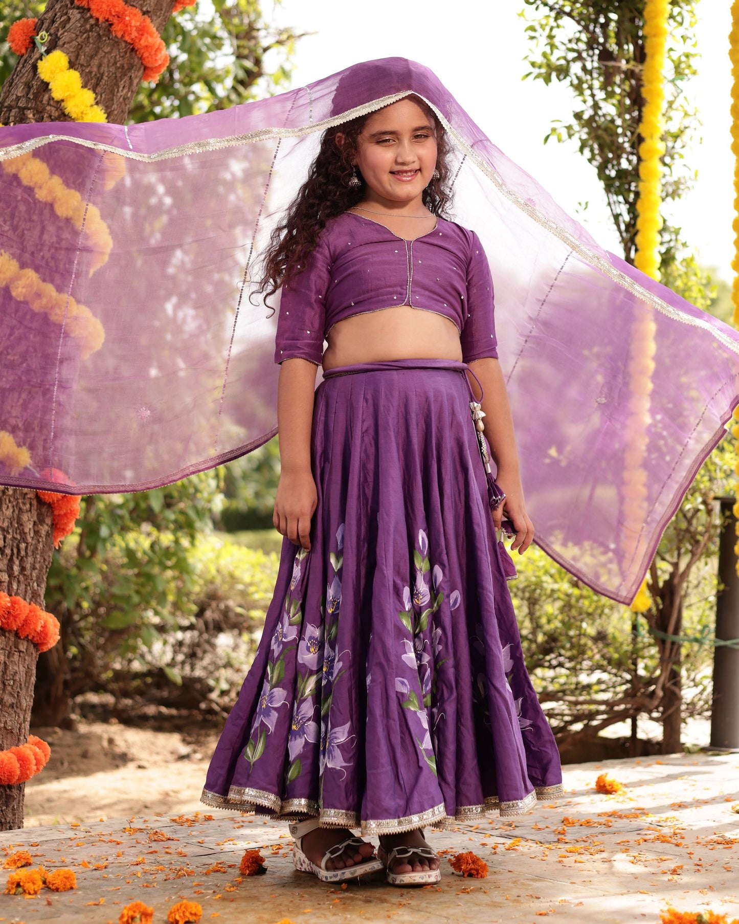 Girl's Berry Purple Handpainted Chanderi Lehenga Set