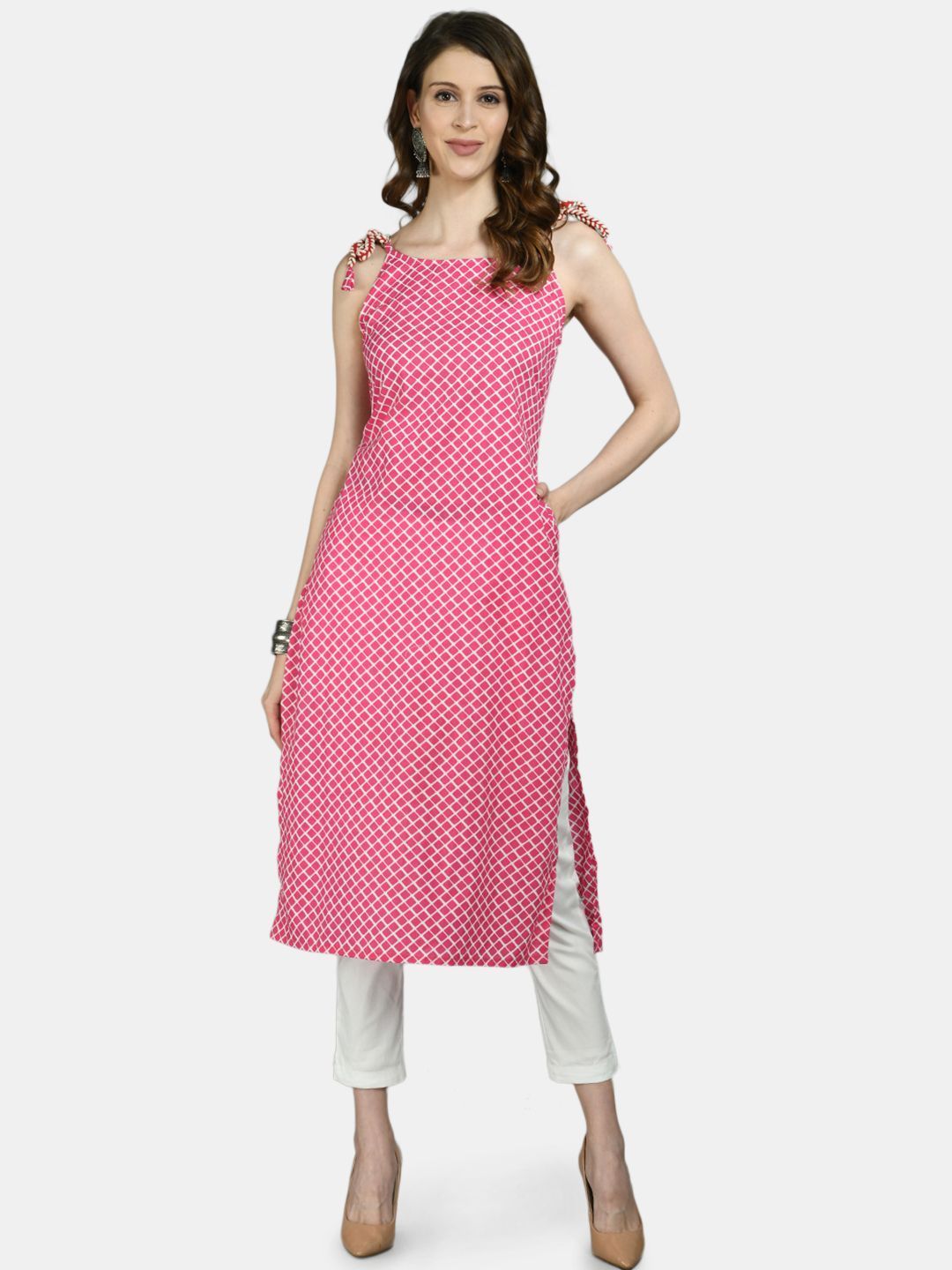Women Pink Cotton Printed Kurta by Myshka (