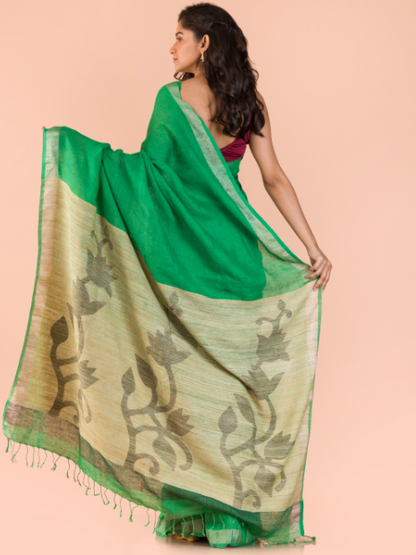 Women's Green Linen jamdani saree