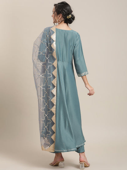 Women's Teal Color Embroidered Circulared Flared Kurta With 3/4Th Sleeves And  Paired With Trouser And Gota Embroidered Dupatta