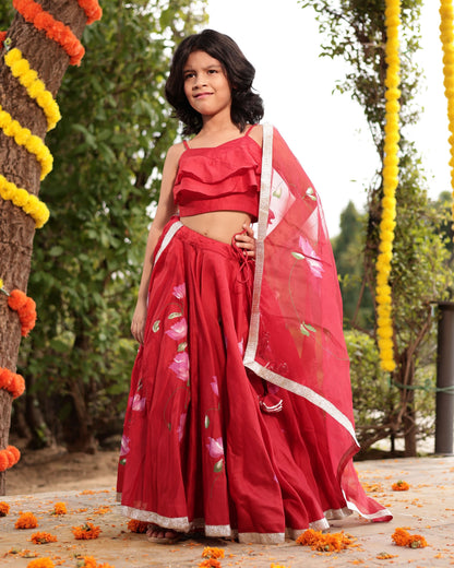 Girl's Tinsel Red Handpainted Chanderi Lehenga Set