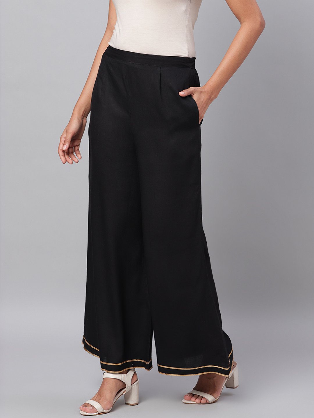 Women Black Solid Palazzo by Myshka (