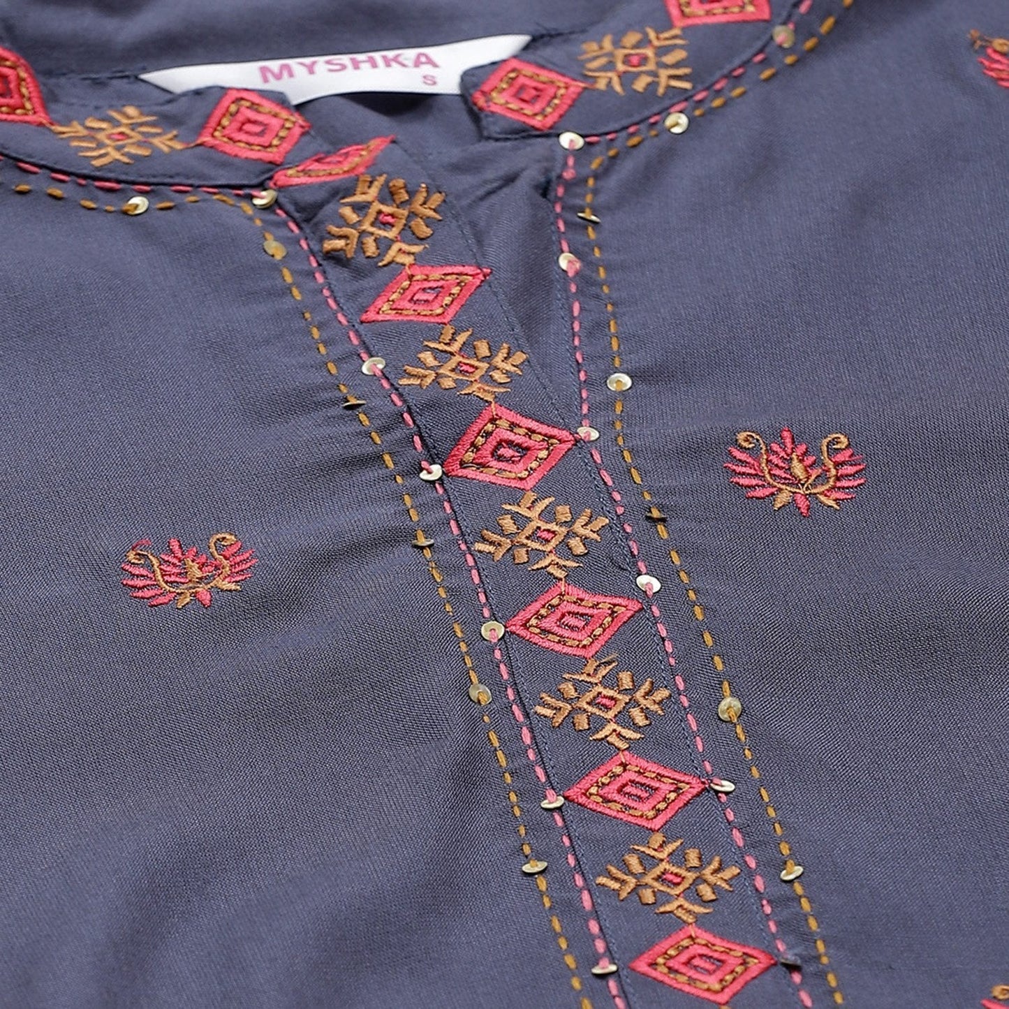 Women's Grey Rayon Printed 3/4 Sleeve Collar Casual Kurta Only