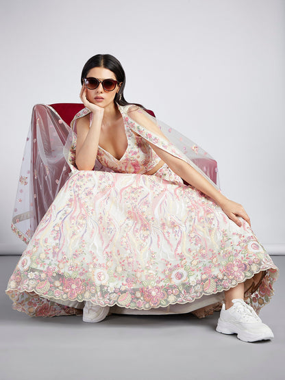 Women's Cream Net Sequins And Thread Embroidery Lehenga Choli & Dupatta