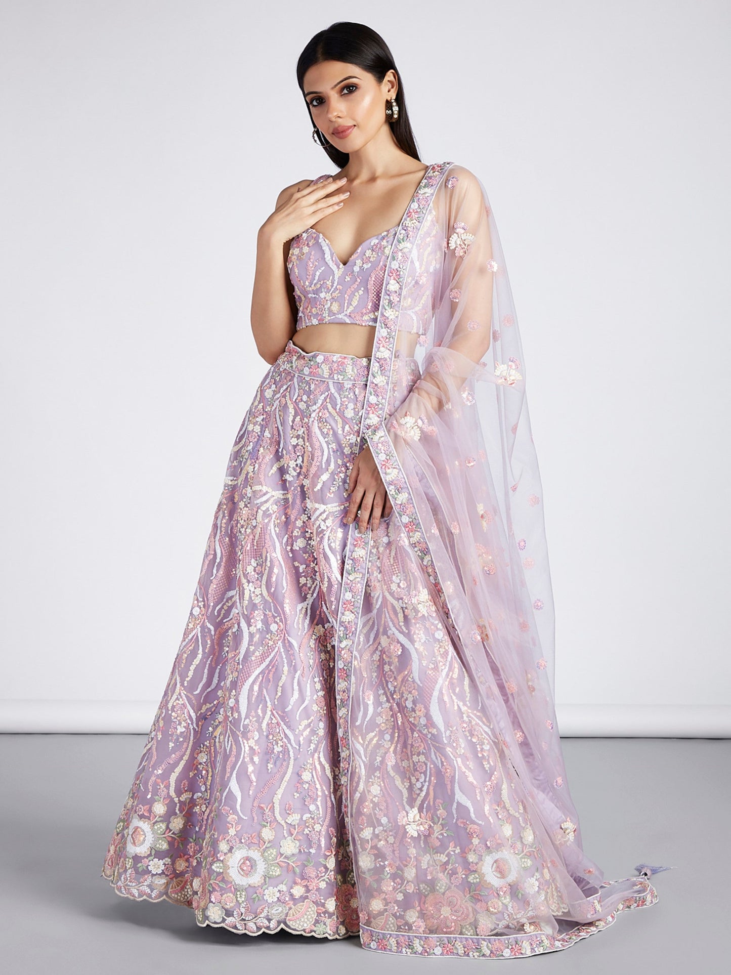 Women's Mauve Net Sequins And Thread Embroidery Lehenga Choli & Dupatta