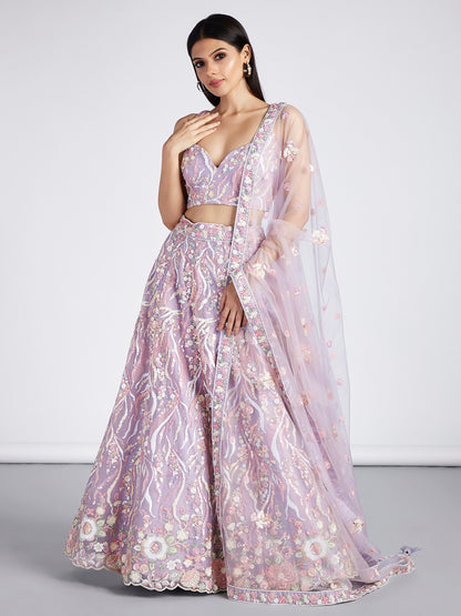 Women's Mauve Net Sequins And Thread Embroidery Lehenga Choli & Dupatta