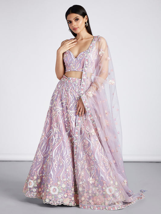 Women's Mauve Net Sequins And Thread Embroidery Lehenga Choli & Dupatta