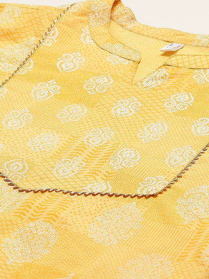 Women's Yellow & White Ethnic Hand Printed Cotton Kurta with Trousers & Dupatta