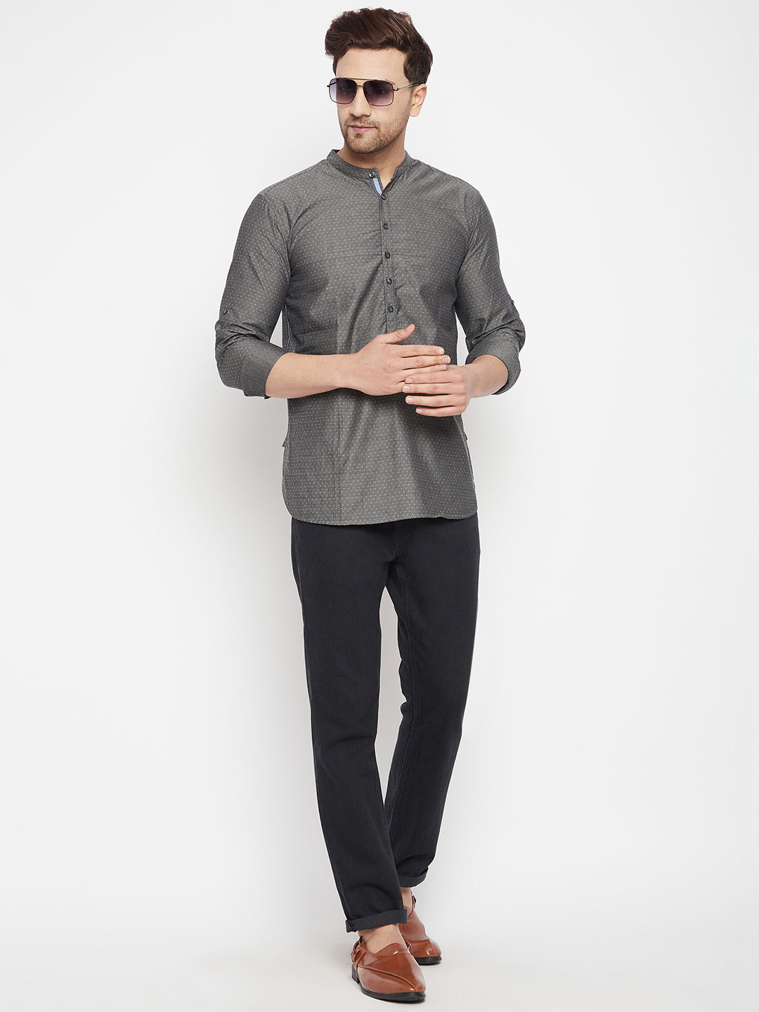 Men's Grey Color Short Kurta with Band Collar