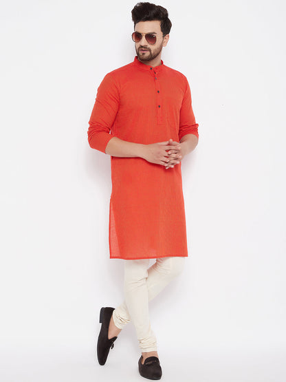Men's Cotton Striped Orange Kurta