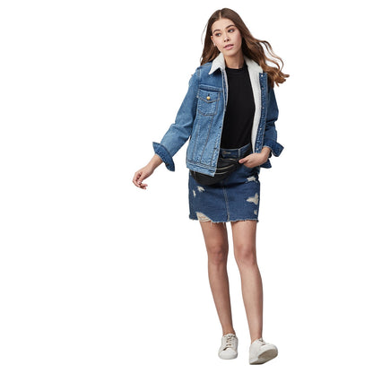 Women's Denim Jacket with Soft Warm Faux Fur Lining inside -Blue