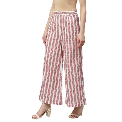 Women Pink Cotton Striped Trouser by Myshka (