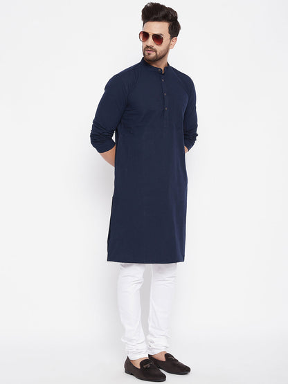 Men's Cotton Self Striped Blue Kurta
