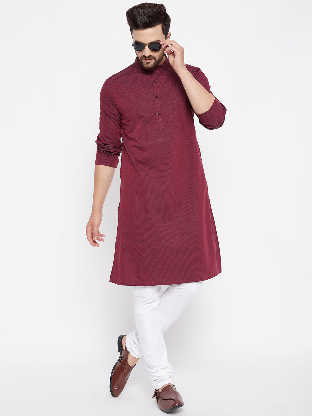 Men's Maroon Striped Straight Kurta