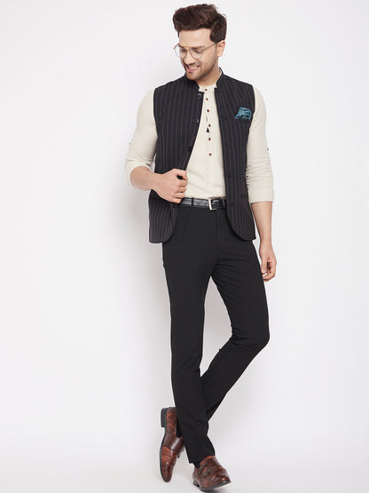 Men's Black Color Woven Nehru Jacket