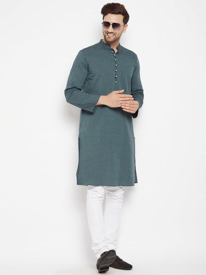 Men's Green Color Long Kurta with Band Collar