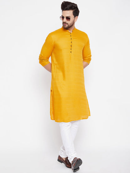 Men's Woven Design Yellow Straight Kurta