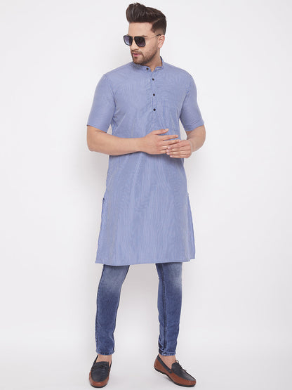 Men's Striped Blue Cotton Kurta