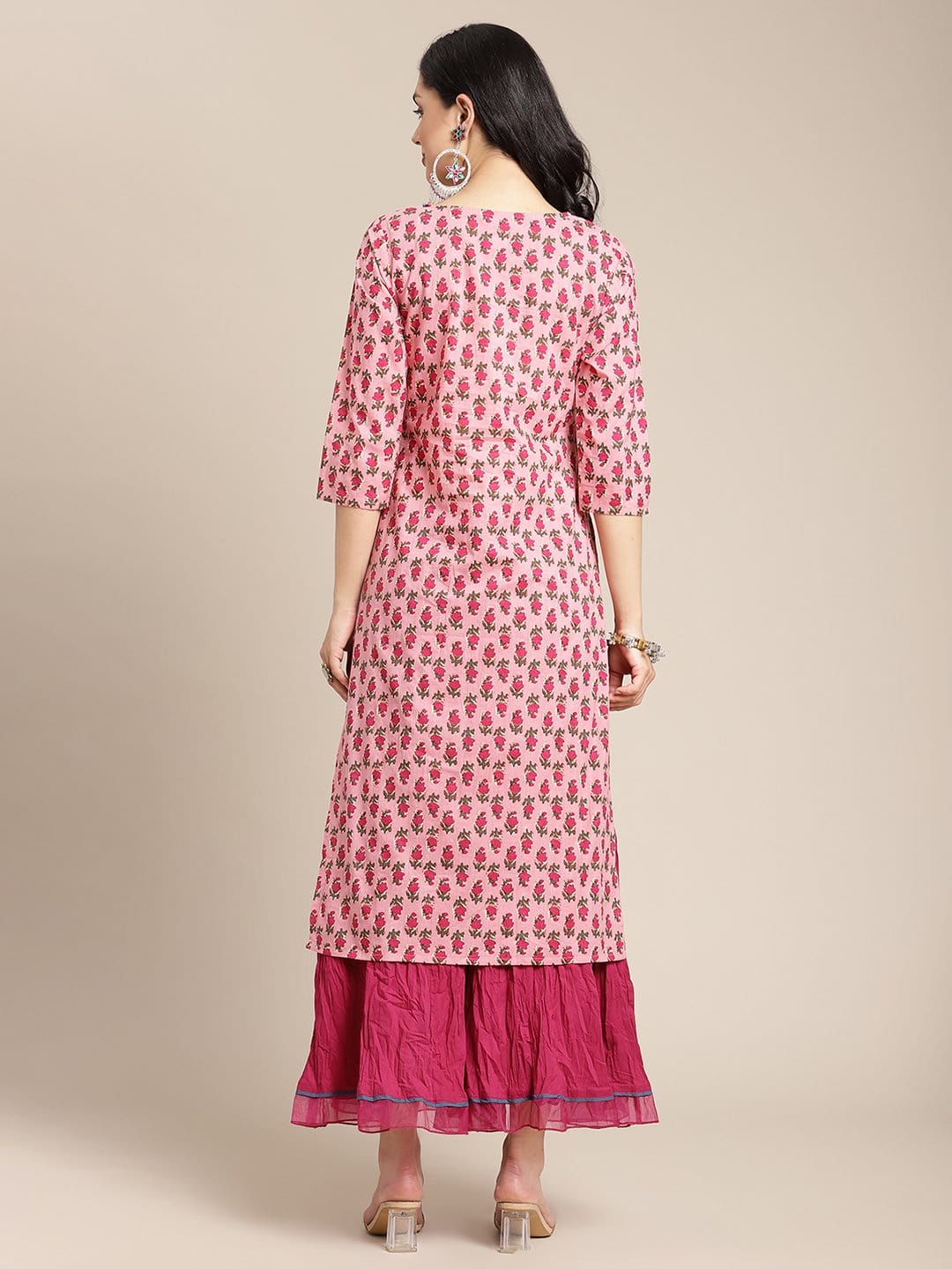 Women's Pink Floral Printed Kurta With Hanwork Detailing On Yoke