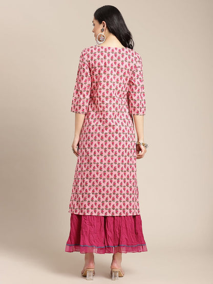 Women's Pink Floral Printed Kurta With Hanwork Detailing On Yoke