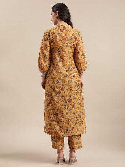 Women's Mustard Floral Printed Zari Work Straight Kurta Trouser Set