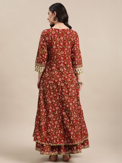 Women's Brown Floral Printed Front Open Anarkali Kurta Sharara Set