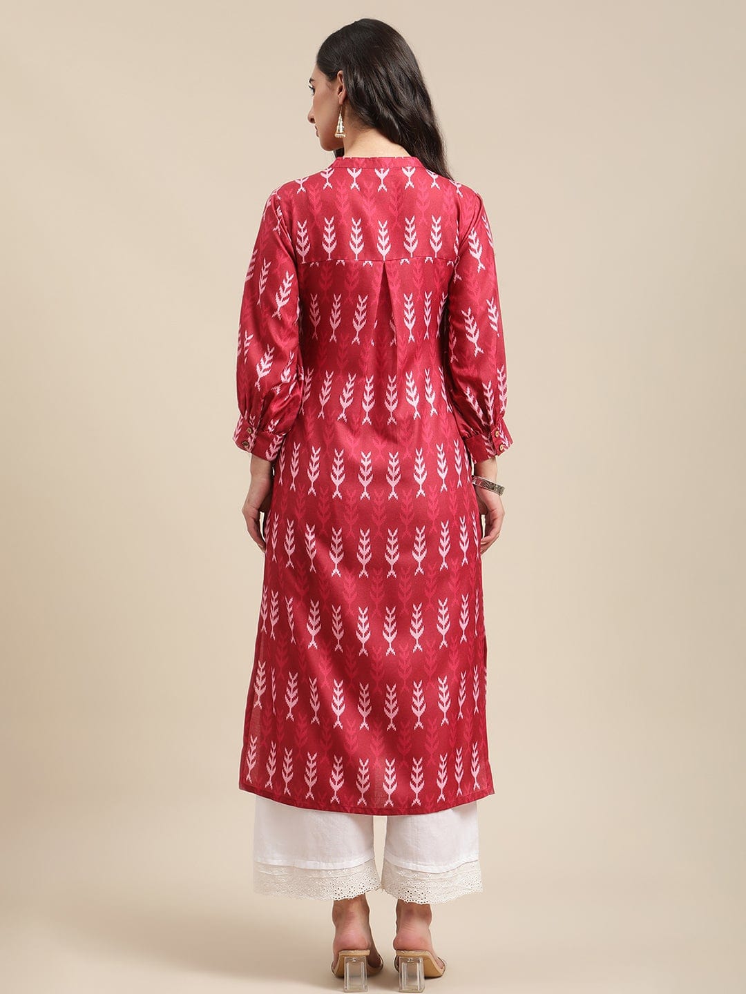 Women's Rust Ikat Printed Kurta With Puffed Sleeves