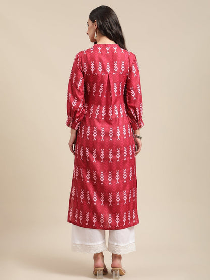 Women's Rust Ikat Printed Kurta With Puffed Sleeves