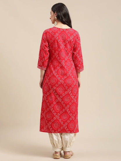 Women's Red And White Bandhej Printed Zari Embroidered Straight Kurta