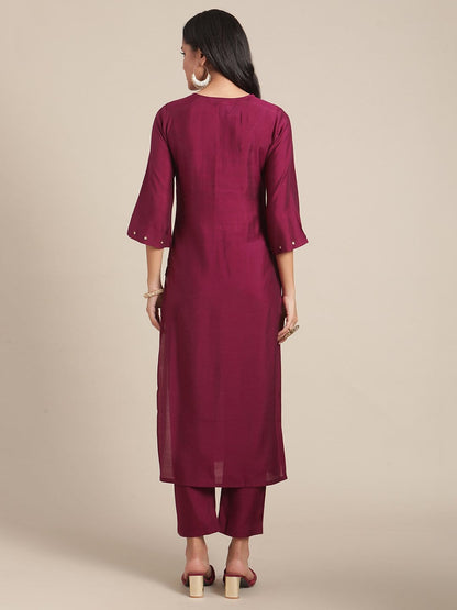 Women's Wine Zari And Resham Embroidere Kurta  Trouser Set
