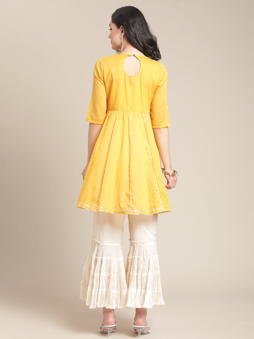 Women's Mustard Gota Embellished Short Kurta With Off White Tear Sharara