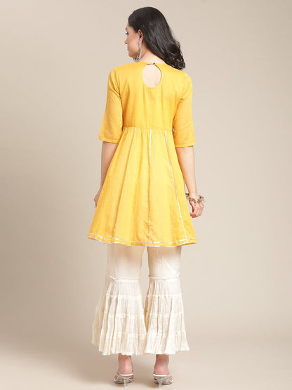 Women's Mustard Gota Embellished Short Kurta With Off White Tear Sharara
