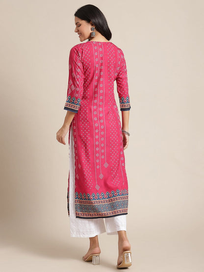 Women's KSUT Pink And Cream Bandhani Printed Straight Kurta With 3/4Th Sleeves