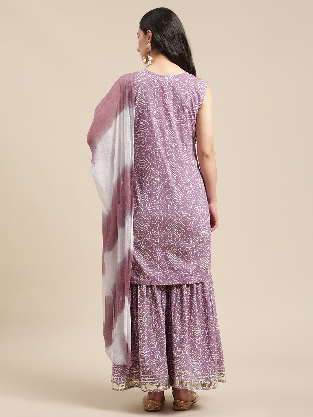 Women's Lavender Bandhej Kurta Sharara Set With Tye And Dye Dupatta And Heavy Gota Embellishment