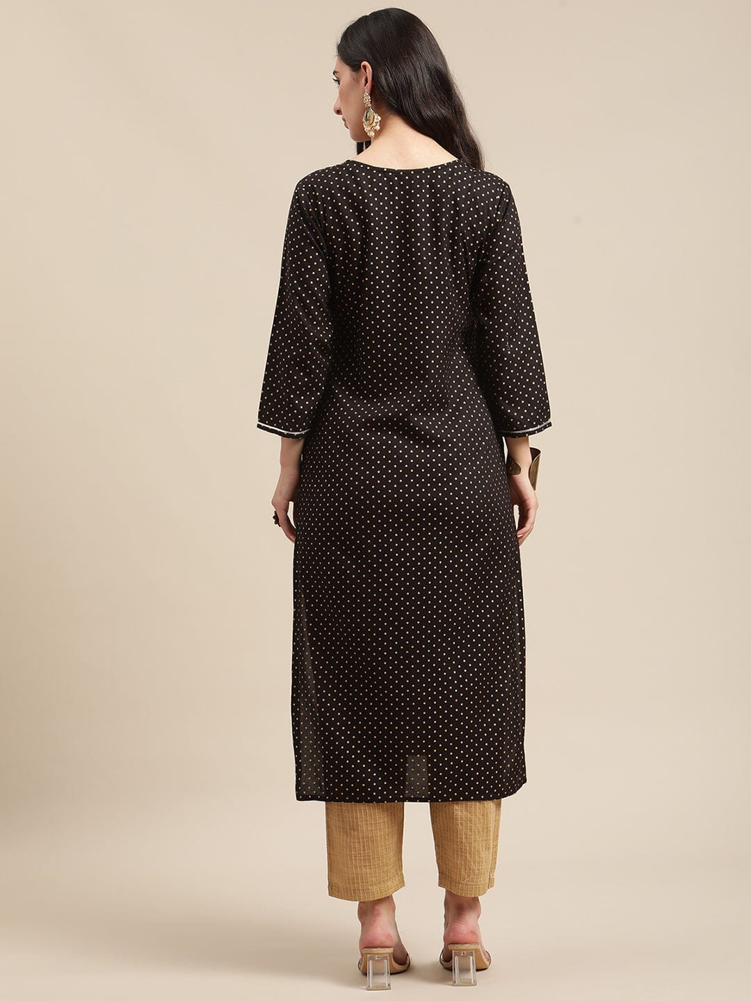 Women's Black And Gold Foil Printed Kurta With Zari And Mirror Yoke Embroidery