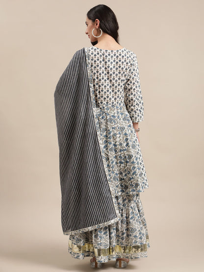 Women's White And Blue Floral Printed Anraklai Kurta Sharara Set With Stripe Dupatta
