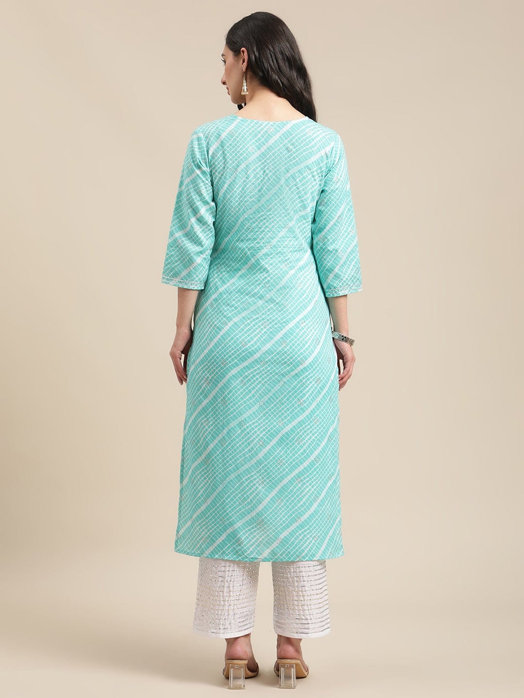 Women's Blue And White Leheriya Striped Kurta With Gota And Thread Embroidery On Yoke