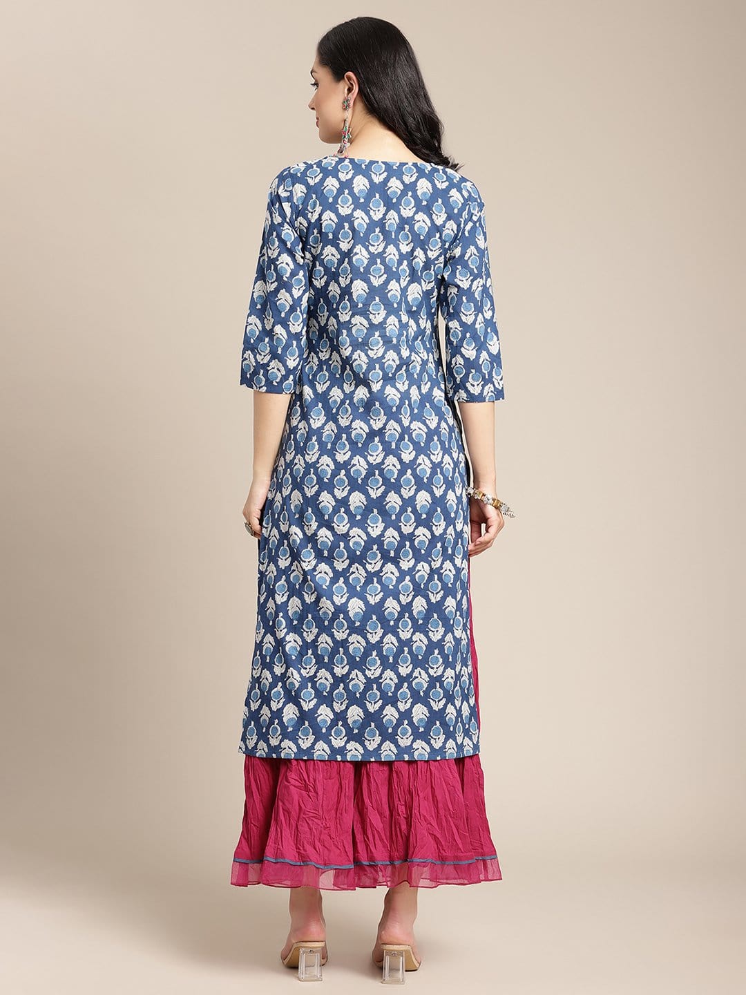 Women's Indigo Floral Printed Kurta With Handwork On Placket And Yoke