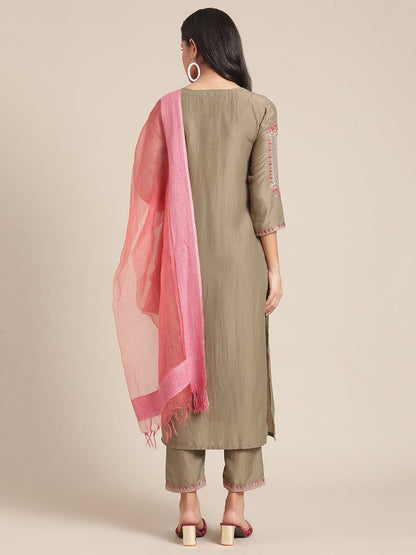 Women's Solid Olive Kurta With Thread And Zari Embroidery And Paired With Trouser And Contrast Dupatta