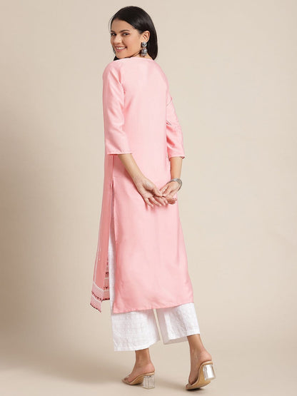 Women's KSUT Pink And White Geometric Printed Straight Kurta With 3/4Th Sleeves