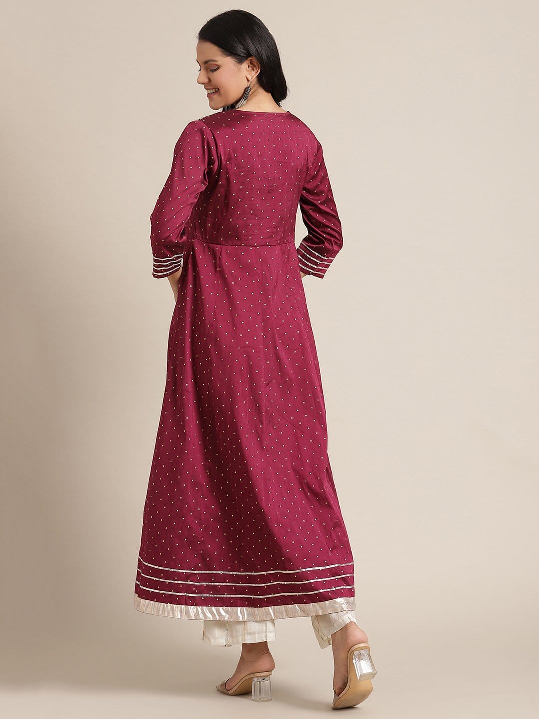 Women's Burgundy Anarkali Kurta With Zari Embroidery On Yoke And Embellished Sleeves
