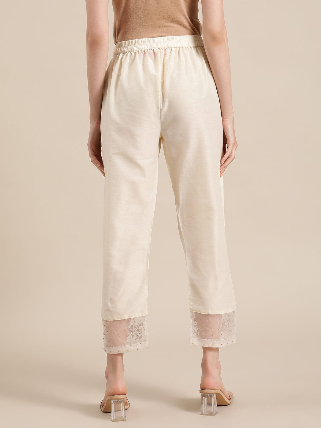 Women's Off White Silk & Organza Zari Embellished Trousers