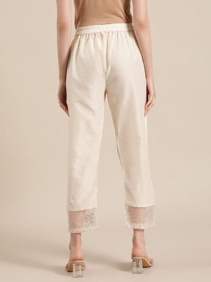 Women's Off White Silk & Organza Zari Embellished Trousers
