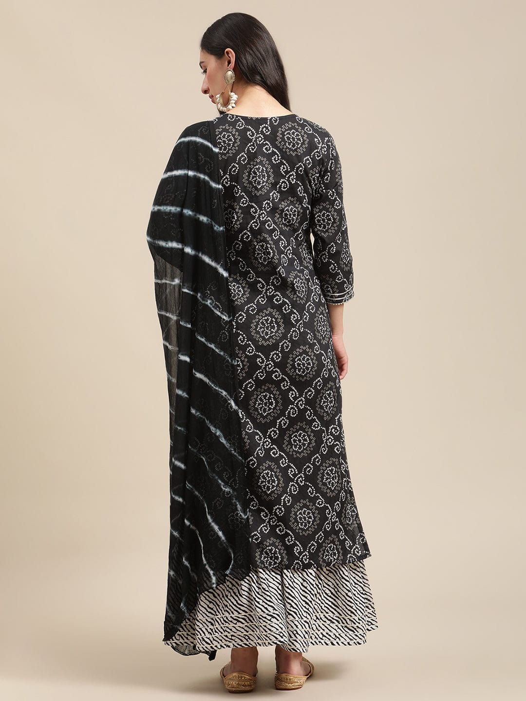Women's Black And White Bandhej And Leheriya Printed Zari Embroidery Kurta Sharara Set With Leheriya Dupatta